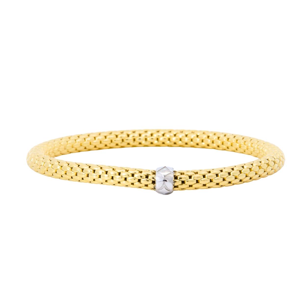 Geel gouden stretcharmband van 18kt met wit goud element.