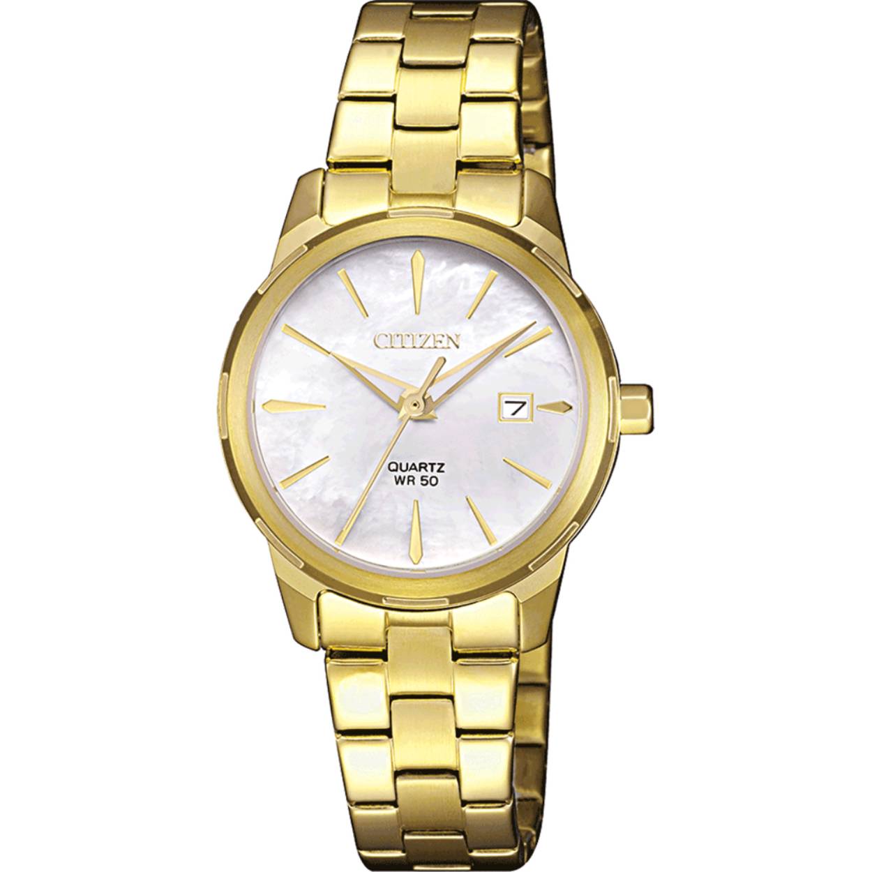 Dit quartz horloge van het merk Citizen is een prachtig horloge. Het horloge heeft een kast gemaakt van staal en een goudkleurige band gemaakt van staal.