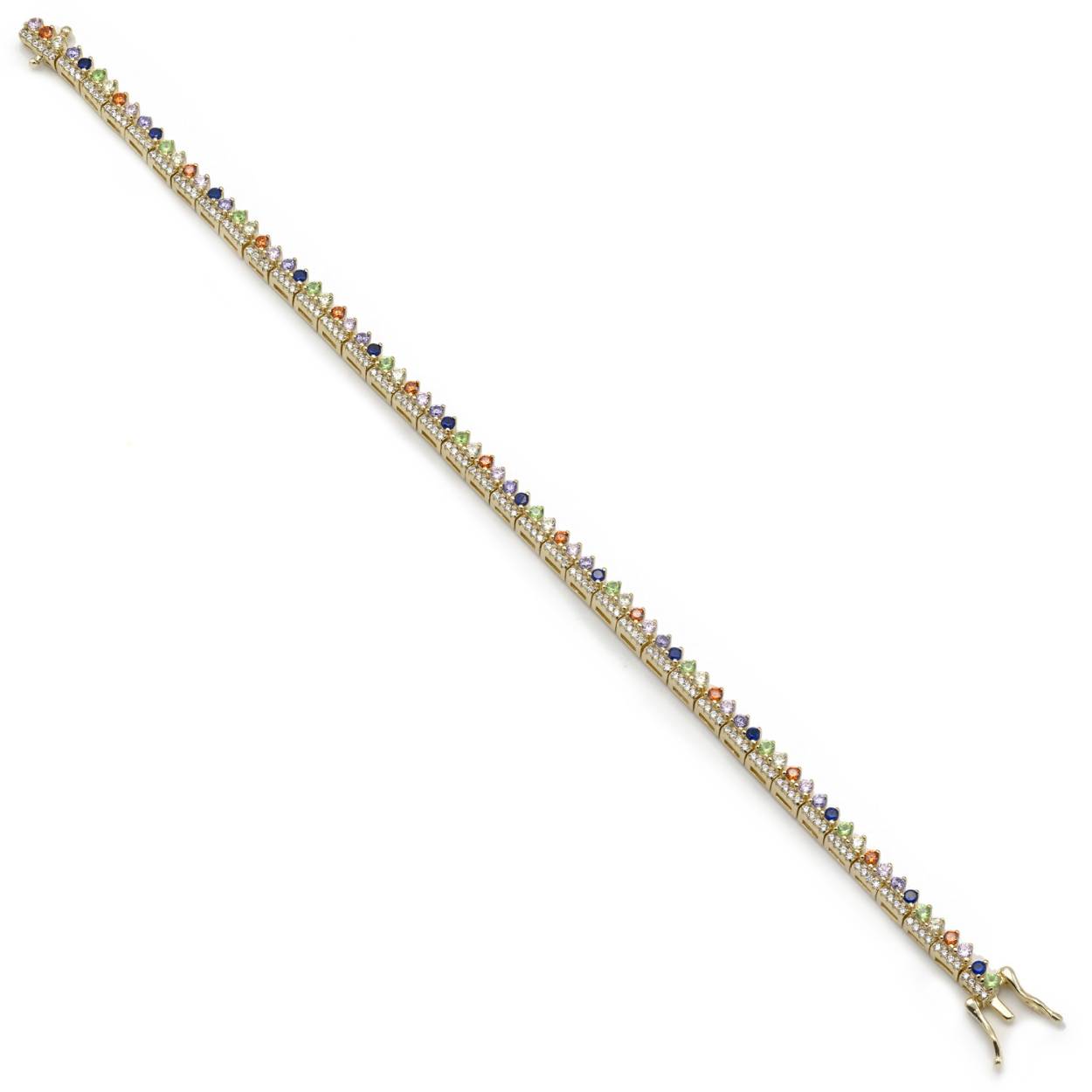 Ideal to combine with the matching ring and earrings and to show off with your favorite looks. Bracelet with gold-plated silver stones made up of multicolored stones in pink, orange, yellow, green, amethyst and lavender quartz tones. Welcome to the color revolution!
