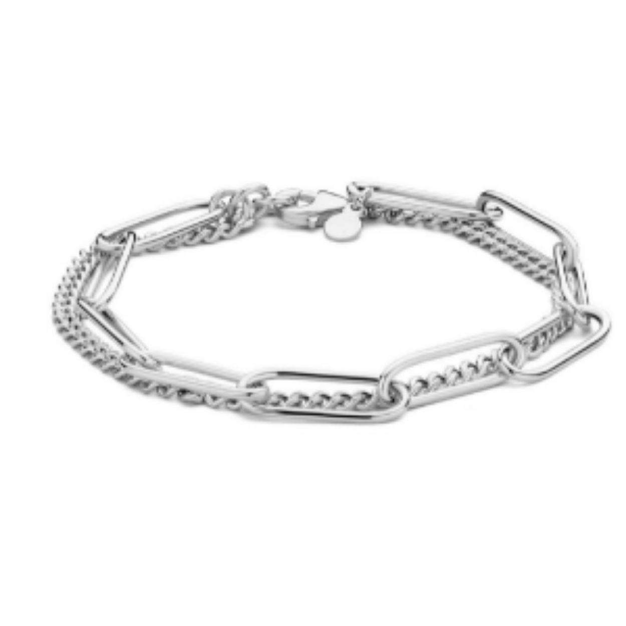Gerhodineerd 925 zilveren armband uitgevoerd met een paperclip schakel van 5.8mm, een gourmette schakel van 2.8mm en een karabijn sluiting. De armband heeft een draaglengte van 18cm.