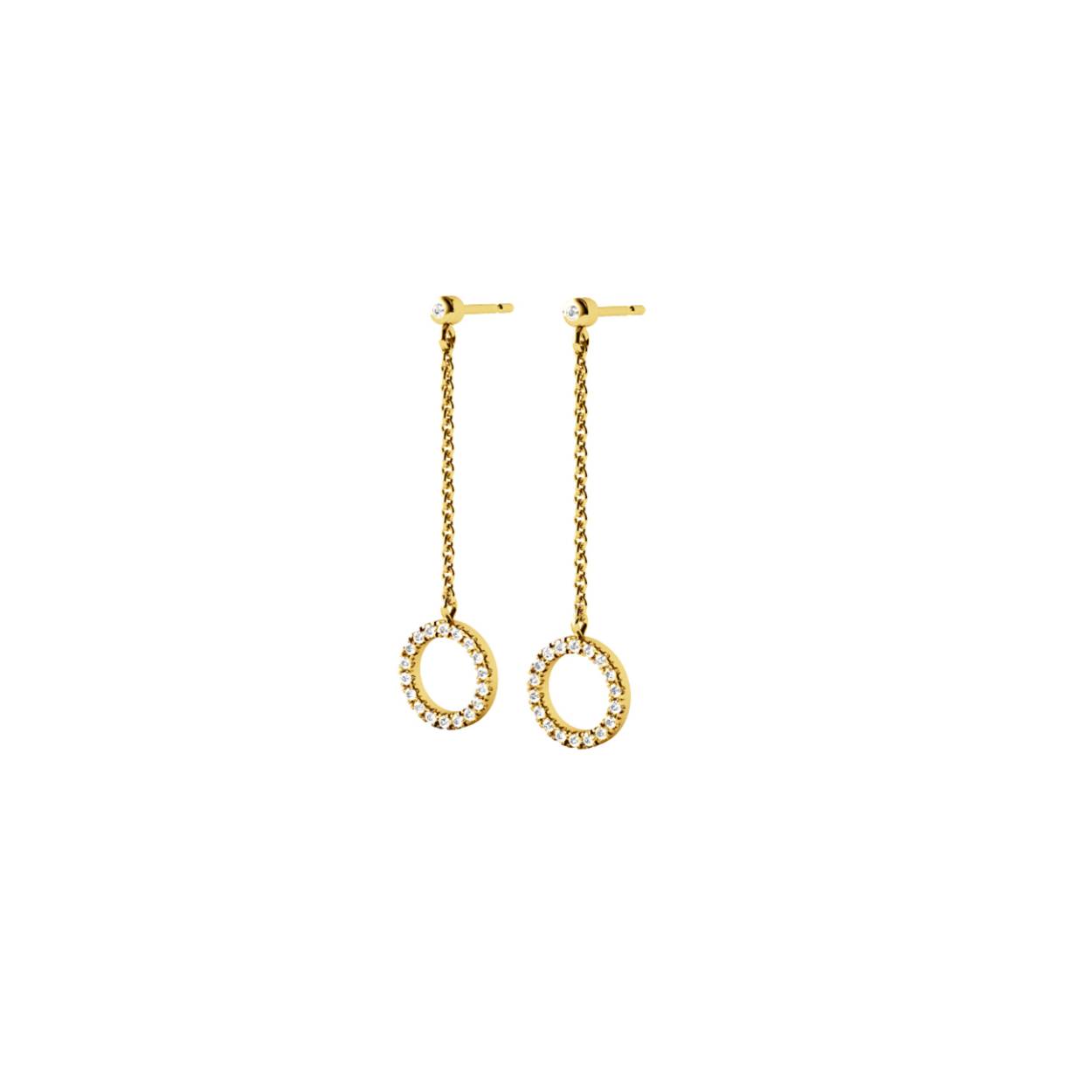 Lange goudkleurige oorstekers uit de collectie 'Circles' met échte diamantjes (0,15 ct)
Materiaal: zilver, verguld met  18 kt goud.