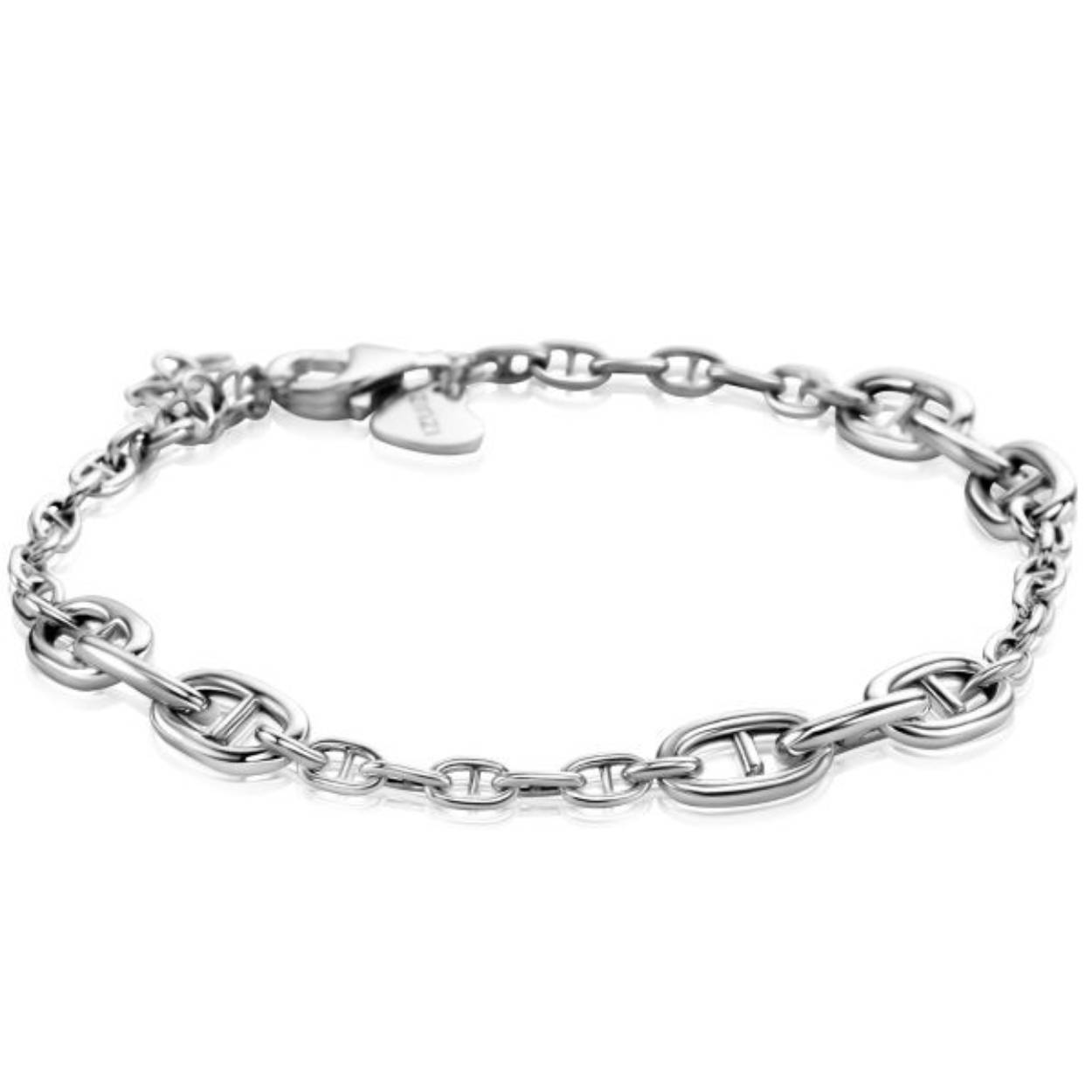 ZINZI zilveren marine schakel armband, gecombineerd met trendy grotere marine schakels. De grote schakels zijn 5,8mm breed. Bij sluiting herkenbaar ZINZI, door het zilveren Zinzi hartje. Deze mooie trendy armband past bij elke outfit. Vervaardigd van eerste gehalte zilver (925) en voorzien van een extra rodiumlaag voor een langdurige glans.
