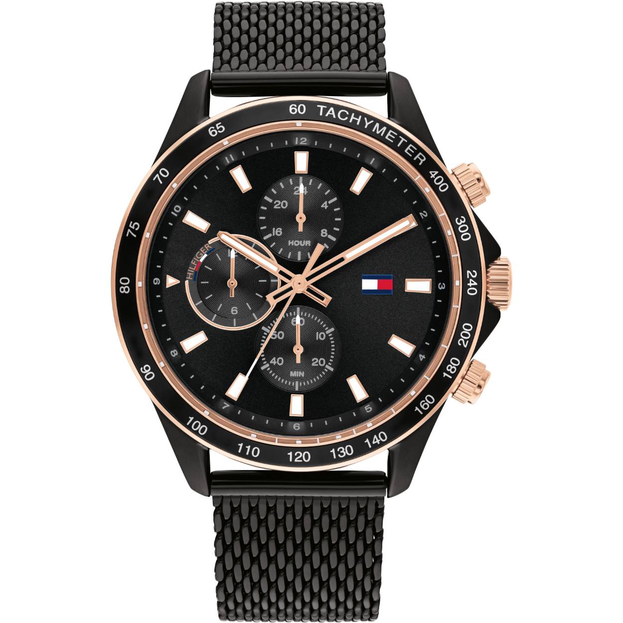 Prachtige chronograaf horloge van Tommy Hilfiger van de Miles serie. Het Horloge is 44mm en gecombineerd met rosekleurige accenten wat uitstekend bij de zwarte kast en band past! 