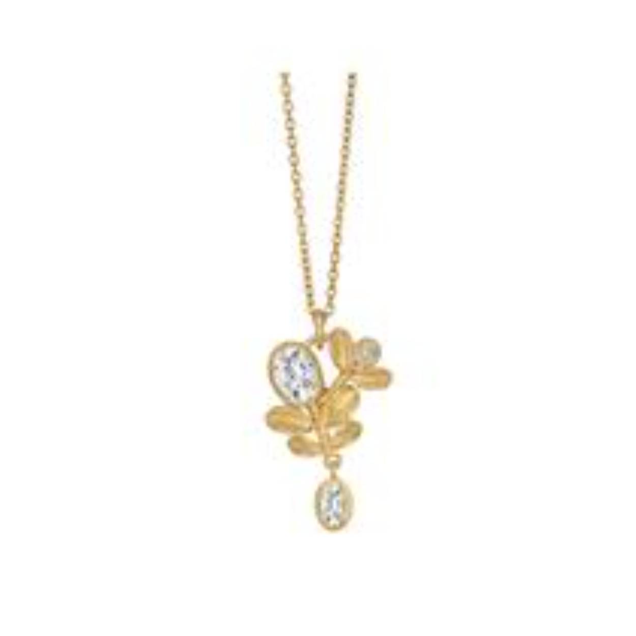 Deze geel goud vergulde ketting kan op 42 en 45 cm gedragen worden. De hanger is versierd met drie witte topazen van 7 x 5 mm, 5 x 3 mm en 2,5 mm omringd door geel goud vergulde blaadjes.