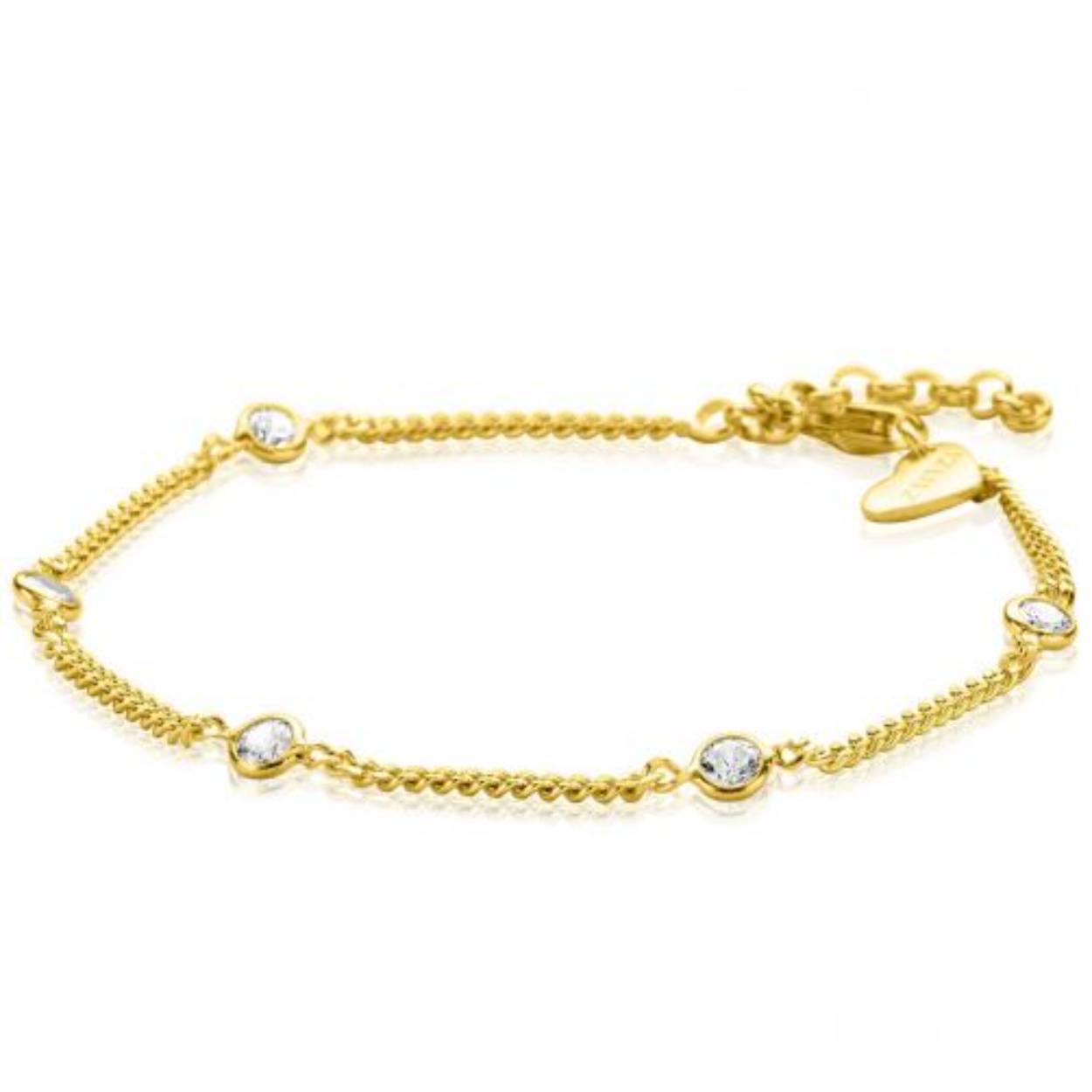 ZINZI zilveren armband extra 14K geel verguld gourmet schakel met witte ronde zirconia's