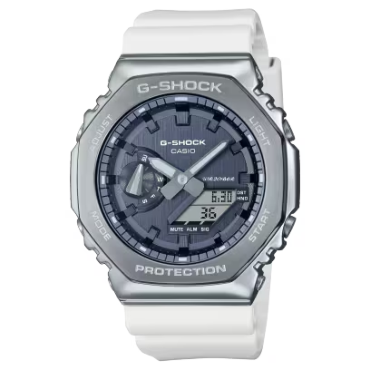 Ga voor een slank, strak en opvallend G-SHOCK-model in een achthoekige versie van het originele iconische design met metalen afwerking. De sterke rand is gemaakt van roestvrij staal met een afwerking van fijne, afgeronde lijnen en staat voor stijl. De wijzerplaat is behandeld met een PVD-afwerking voor een zeer gedetailleerde metallic look die past bij een klassiek metalen G-SHOCK-horloge. 

*voor specificaties, zie "Omschrijving" 