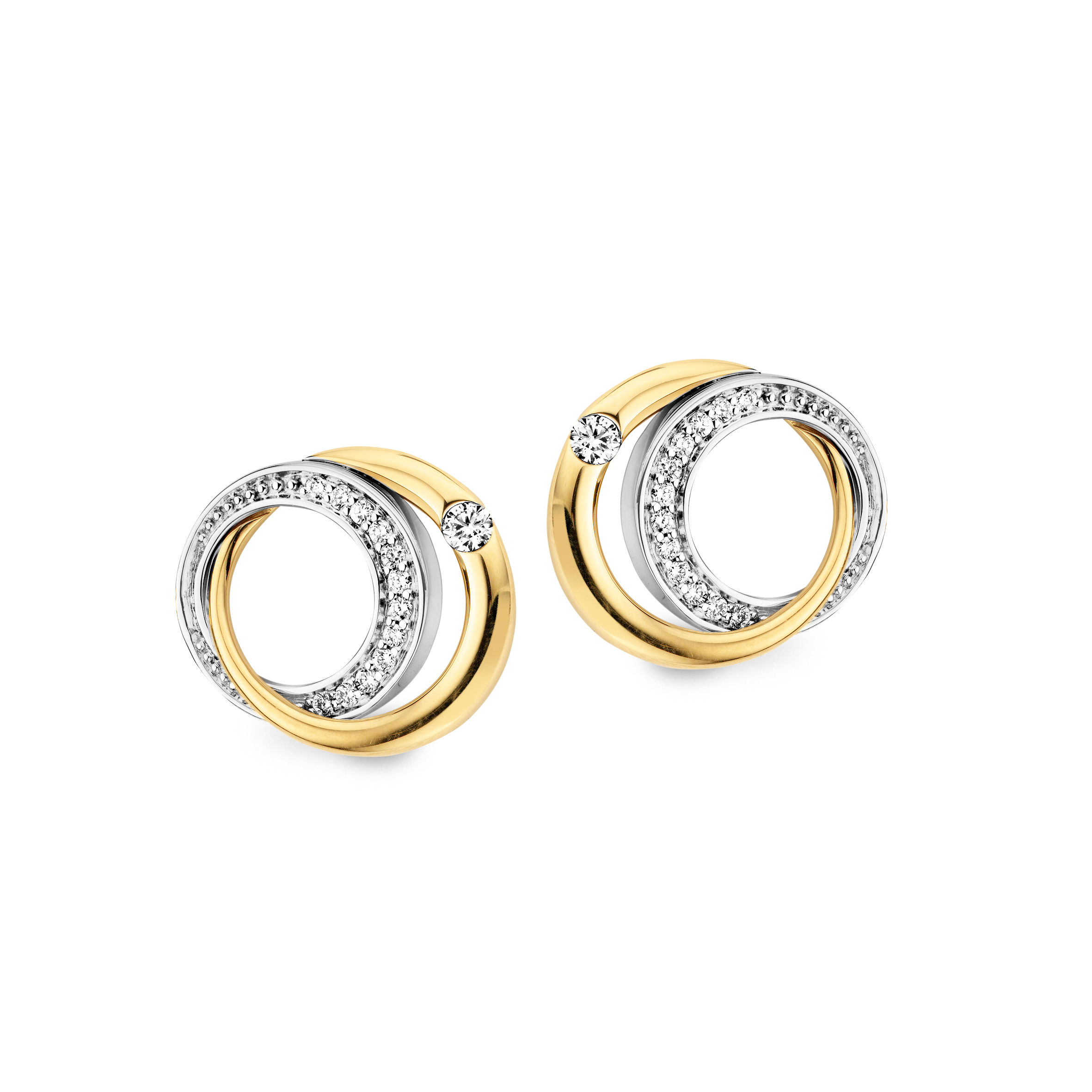 Bicolor gouden oorstekers 18 kt met briljant: 0,12 - Bijpassende hanger en ring ook verkrijgbaar - De prijs kan variëren naargelang de goudprijs