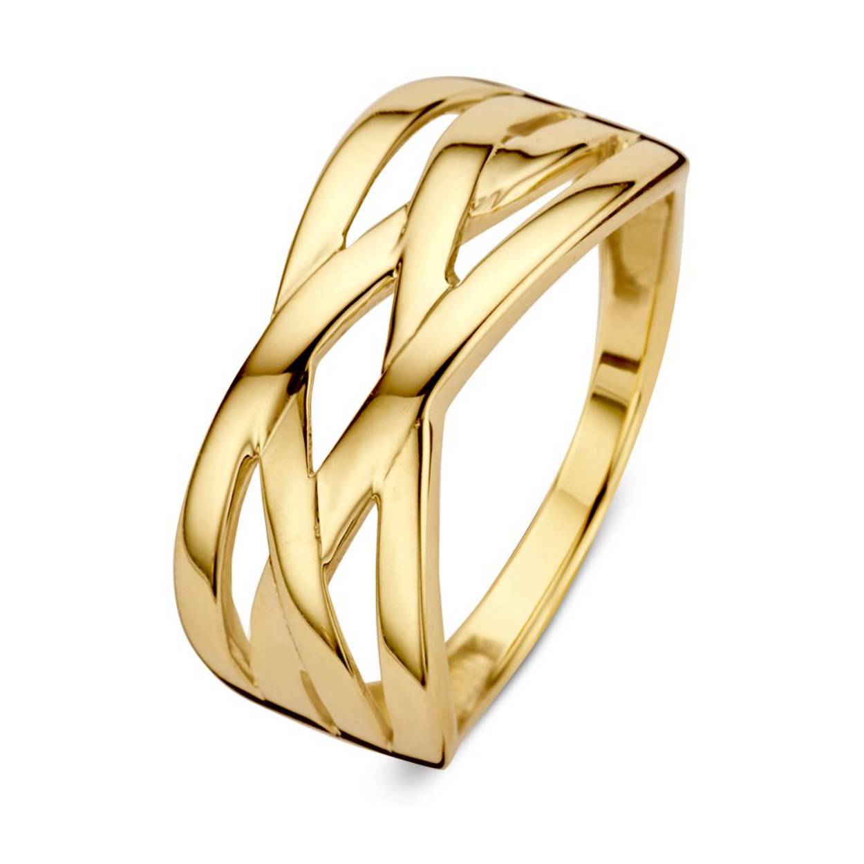 14 karaats geelgouden ring met opengewerkt motief, maat 58 en verkrijgbaar in diverse andere maten.