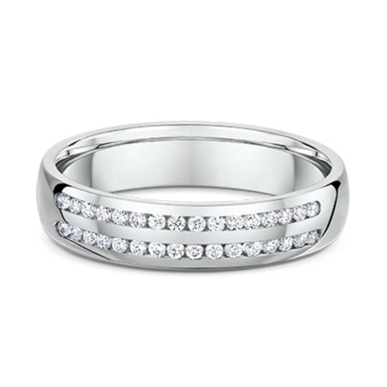 Trouwringen witgoud met in de damesring 0,32 ct. Beide ringen zijn 5 mm breed