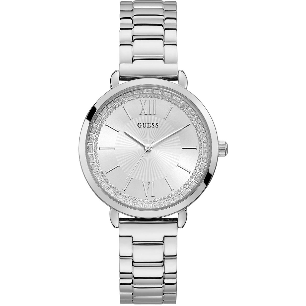 De GUESS Posh is een stijlvol en elegant dameshorloge dankzij de stalen band en de wijzerplaat die met kristallen is bezet. De kast van dit horloge is 38 mm en oogt rustig en chic. Het heldere mineraalglas zorgt voor extra goed zicht. Model: W1231L1