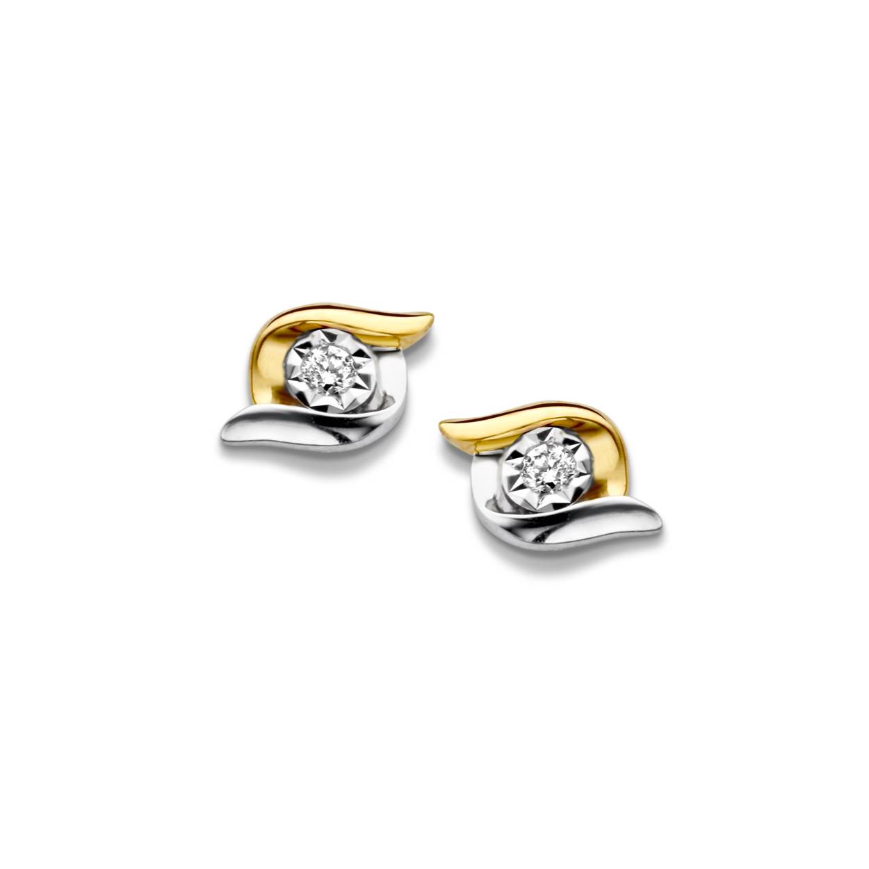 1 paar 14 krt geel- en witgouden oorstekers met diamant. 