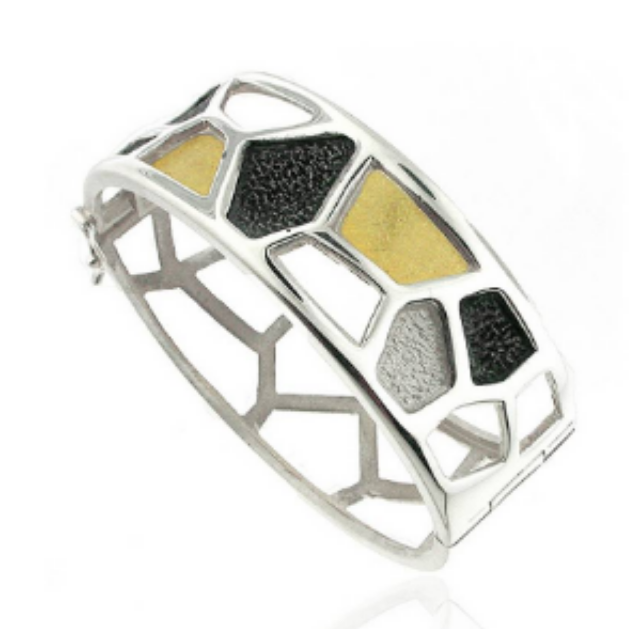 925 white silver bangle combined with oxidized silver and 18k yellow gold.