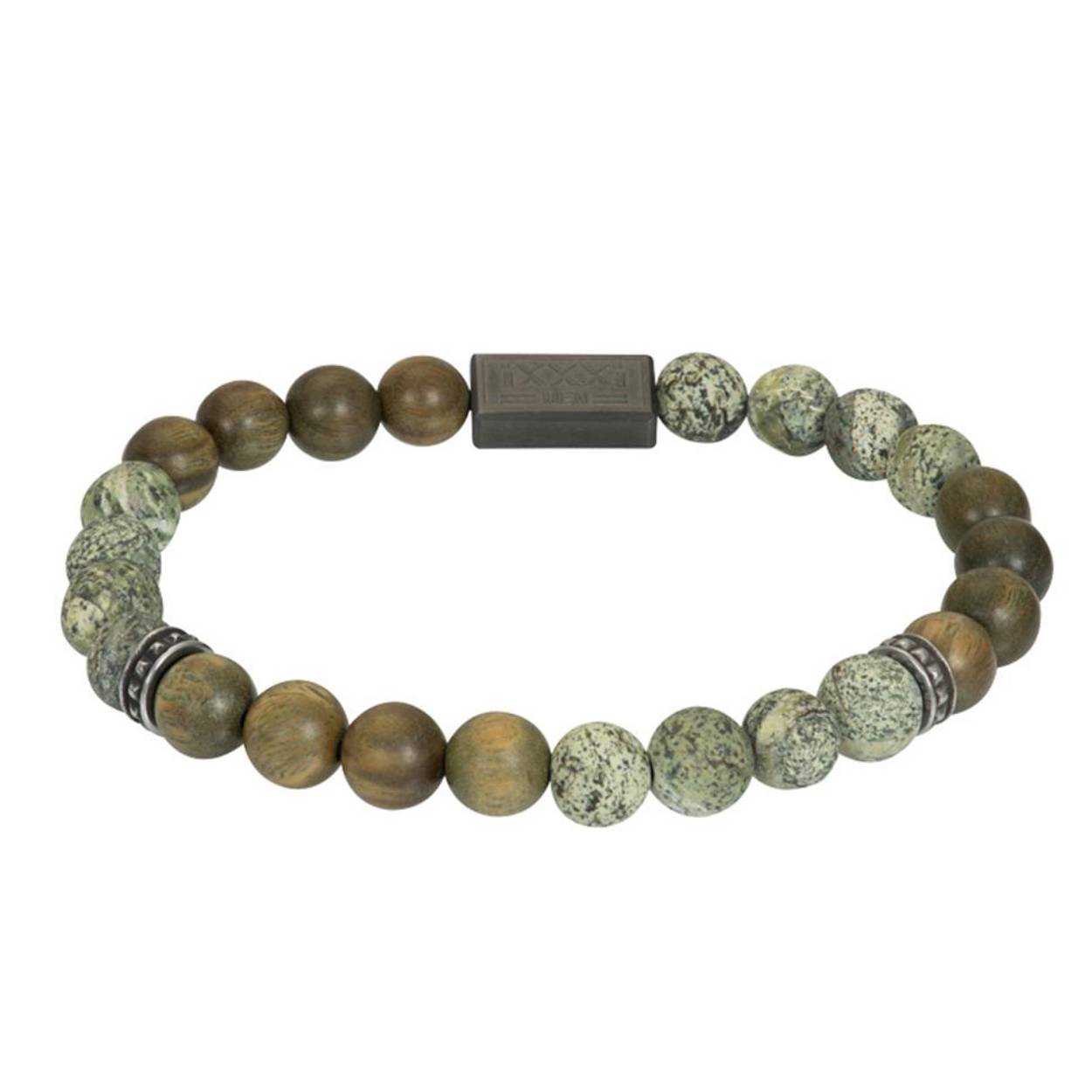 De iXXXi MEN armband Raff bestaat uit een combinatie van stainless steel in de kleur gun color en een mix van houten kralen in verschillende kleuren groen. In het midden van de armband bevindt zich een rechthoekig detail met een 'X' erop gegraveerd. De iXXXi heren armband Raff is verkrijgbaar in twee maatvoeringen (19,5 - 20 en 21,5 - 22) en door middel van elastiek gemakkelijk te dragen. Mix en match met verschillende armbanden uit de iXXXi MEN collectie en maak zo jouw look compleet!