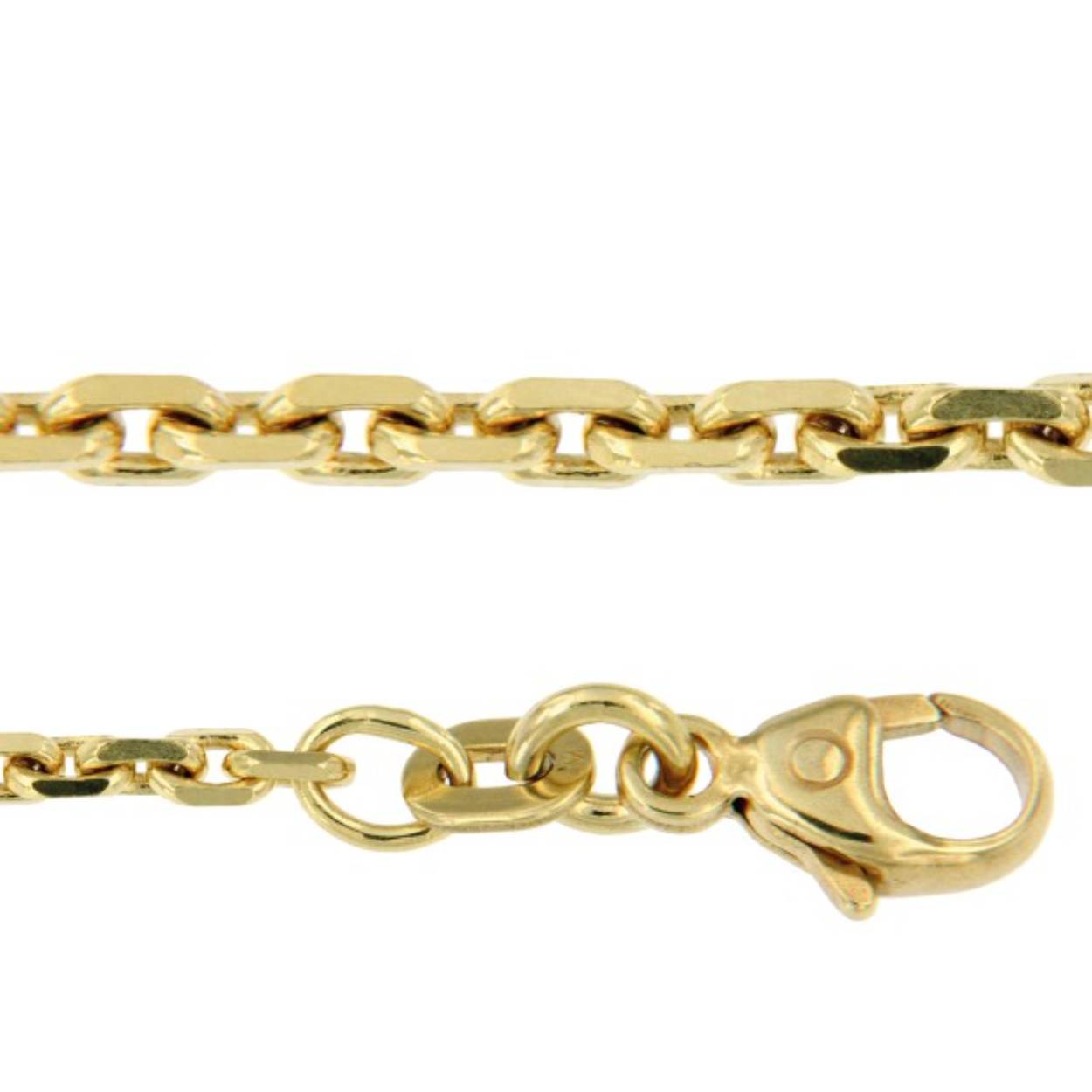 14 karaat geelgouden collier met gediamanteerde anker schakel, een draaglengte van 50cm en een schakelbreedte van 1,8mm.
