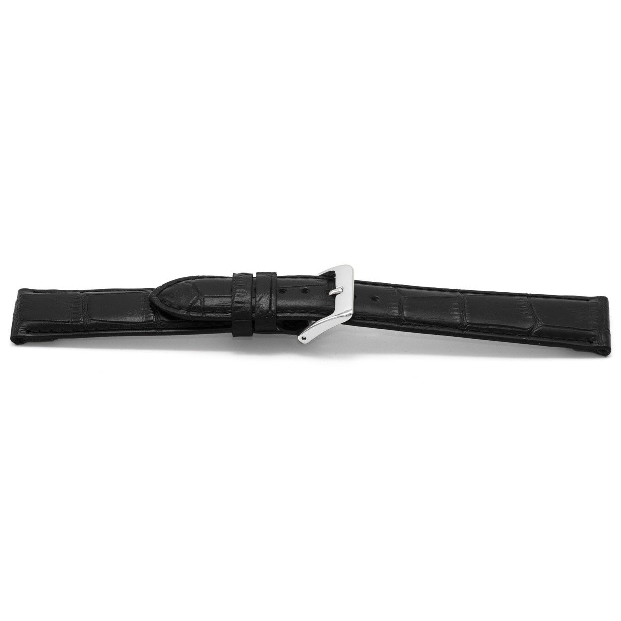 Zwart lederen horlogeband met zilverkleurig stainless steel gesp.
Kleur band: Zwart
Band dikte: 3.4mm
Band lengte: 70/105mm
Band breedte: 12x10mm
Gesp: Stainless steel
Bekleding binnenband: Nubuck
Gestikt: Ja, dezelfde kleur als de band.
Pushpin: Exclusief
Hypo allergisch: Ja
