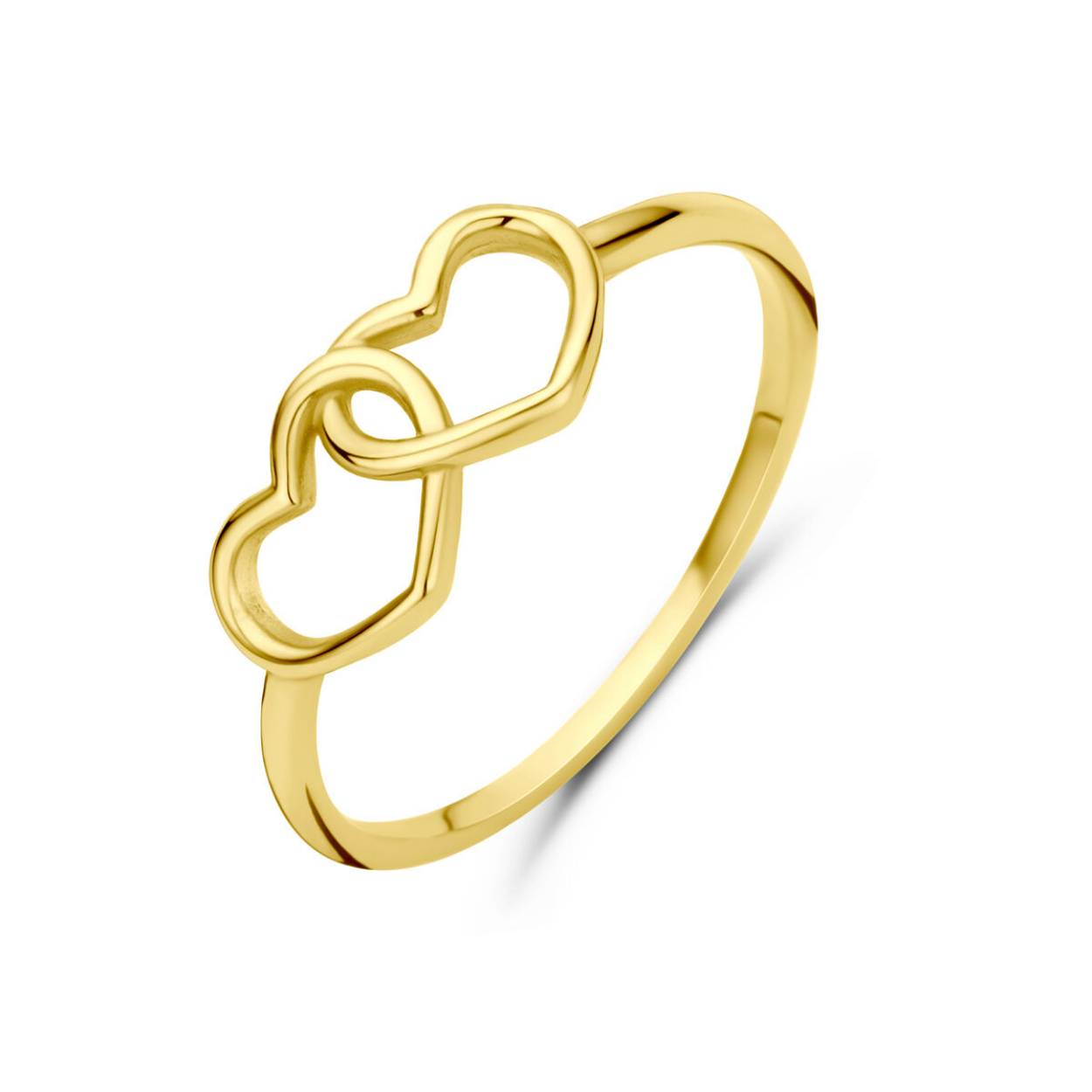 14k Geelgouden ring uitgevoerd met twee harten. De ring heeft een breedte van 6.5mm.
