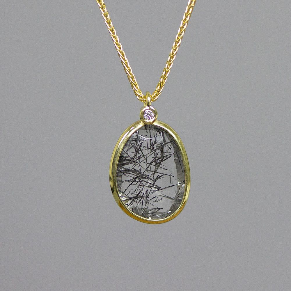 14kt. Geelgouden Jéh Jewels  Collier+hanger, Rutielkwarts + 0.01ct H/SI
