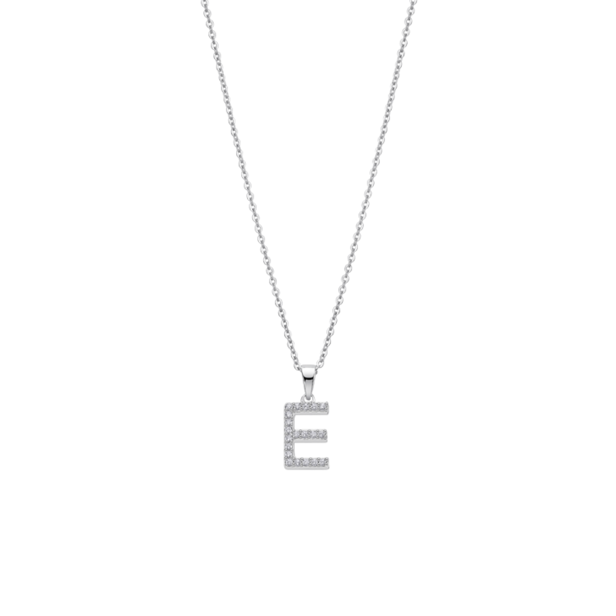 Zilver ketting en letter E met zirconium