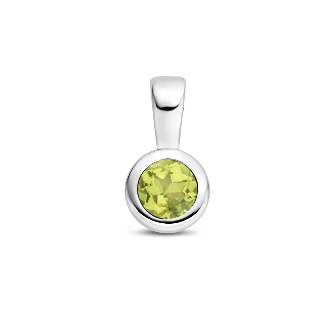 Gerhodineerd 925 geboortesteen zilveren hanger uitgevoerd met een schitterende peridot. De hanger heeft een afmeting van 11x5.5mm. De peridot heeft een steengewicht van 0.30ct.