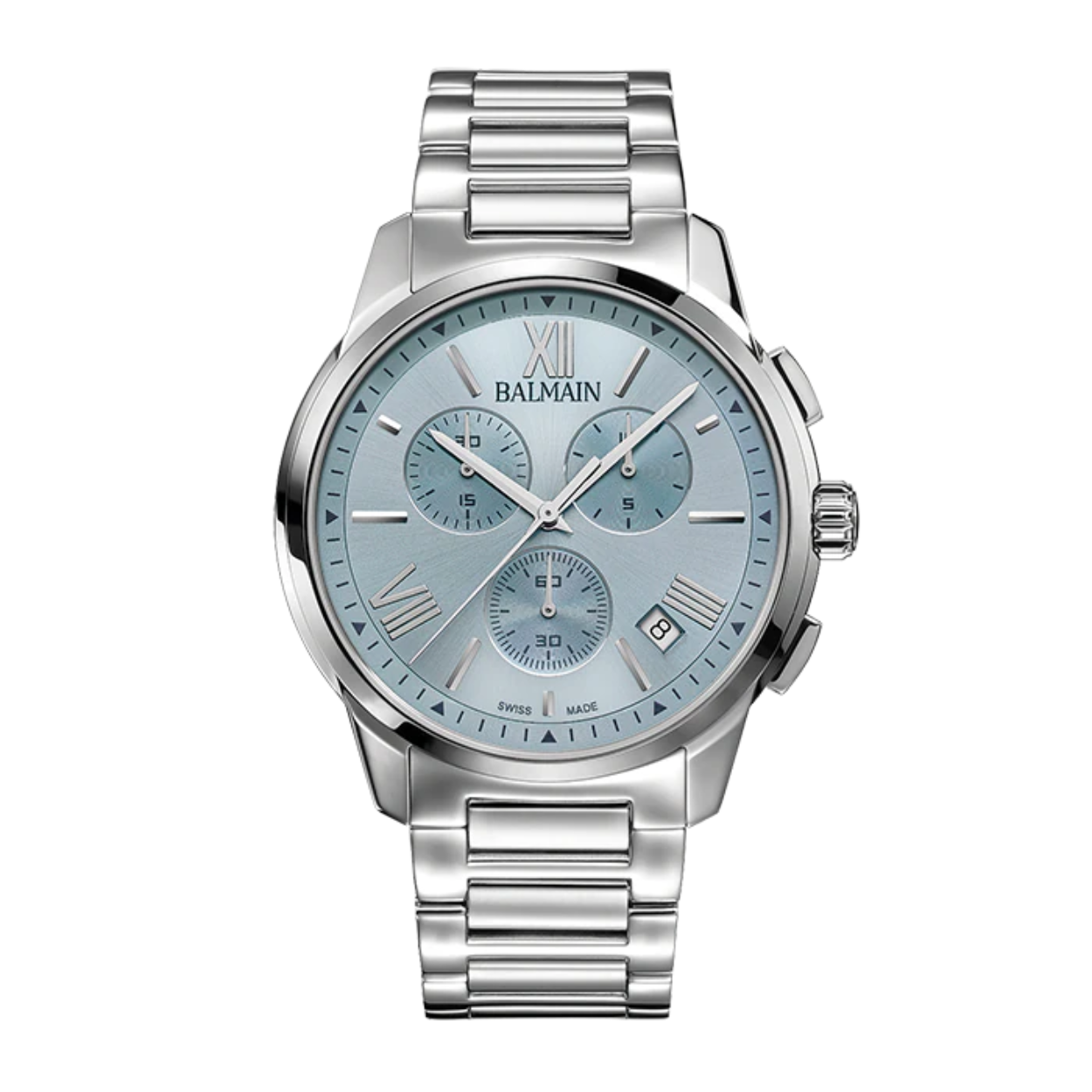 Zilveren horloge van Balmain. Het horloge heeft een klassieke uitstraling door de zilveren schakelband. Verder is het horloge een chronograaf, en heeft ook een datumdisplay op de wijzerplaat.