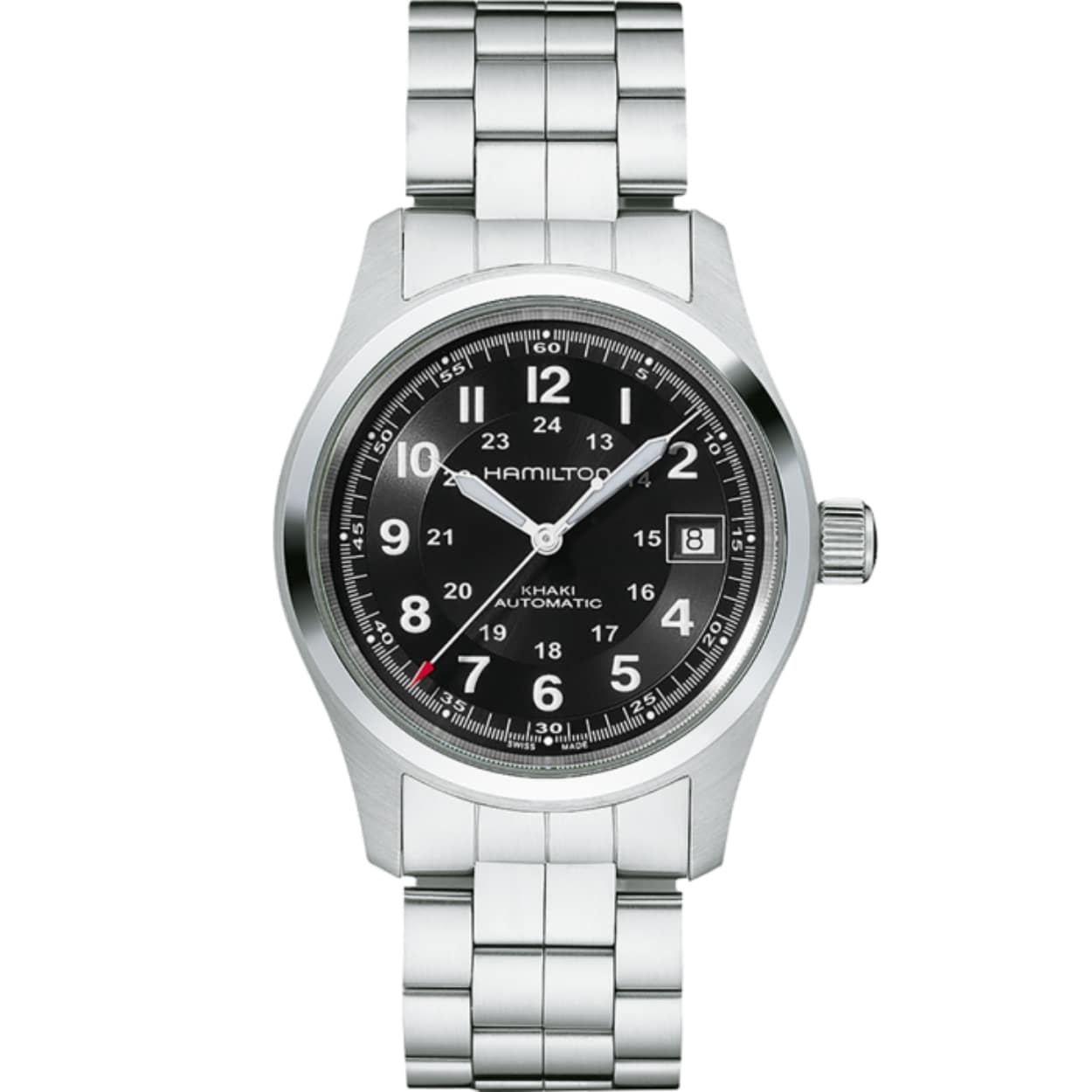 Wanneer u een expeditie plant, moet uw essentiële uitrusting betrouwbaar, veerkrachtig, functioneel en compact zijn. Dit 38 mm horloge is een onmisbaar stuk als het gaat om militair geïnspireerde functies. Aanvullend op de stoere look, robuuste kast en band omvat het een uurwerk dat u niet in de steek laat. Met 80 uur standaard gangreserve in het exclusieve H-10 automatische kaliber, houdt de Khaki Field Auto u altijd wel op de been.