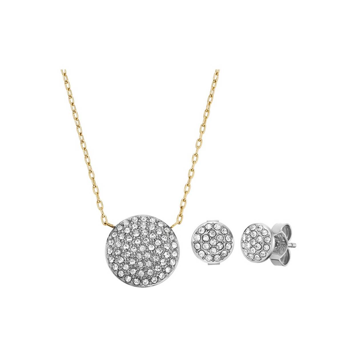 Geef dit seizoen elk feestje glans. Deze sprankelende tweekleurige set bevat een roestvrijstalen hangerketting met glitter disk aan een goudkleurige ketting met karabijnsluiting, plus een paar bijpassende oorknopjes met glitter disk.