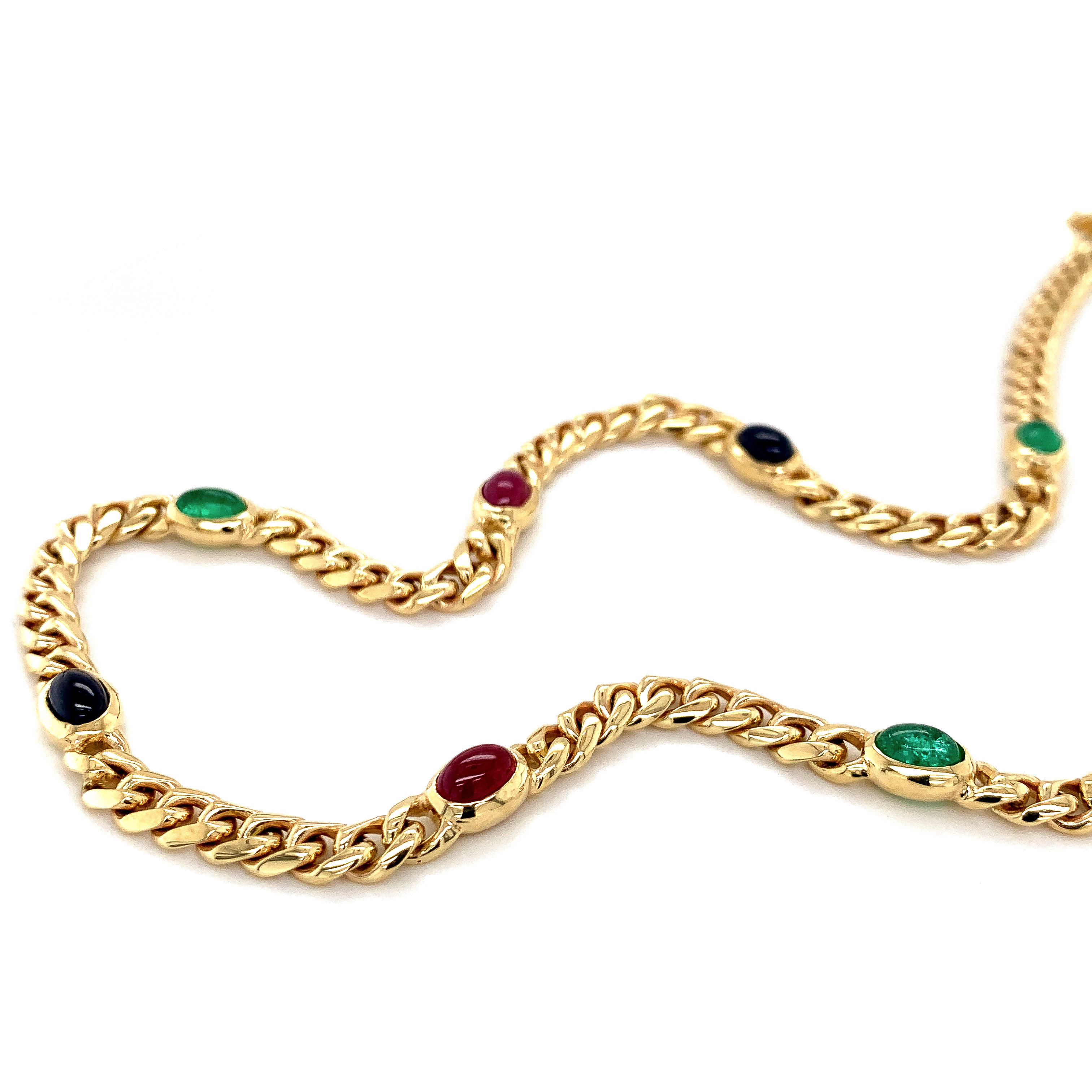 Geelgouden gourmet collier saffier/smaragd/robijn 45cm