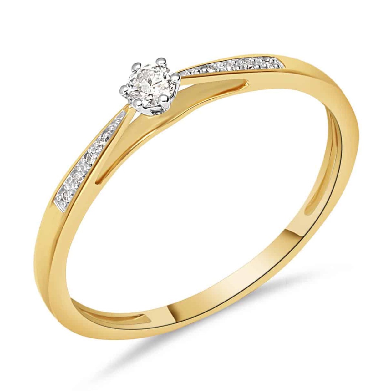 Pas Diamonds 14 karaat geelgouden ring solitair met zijstenen 
1 0.08 j si
0 0.01 8 kant 