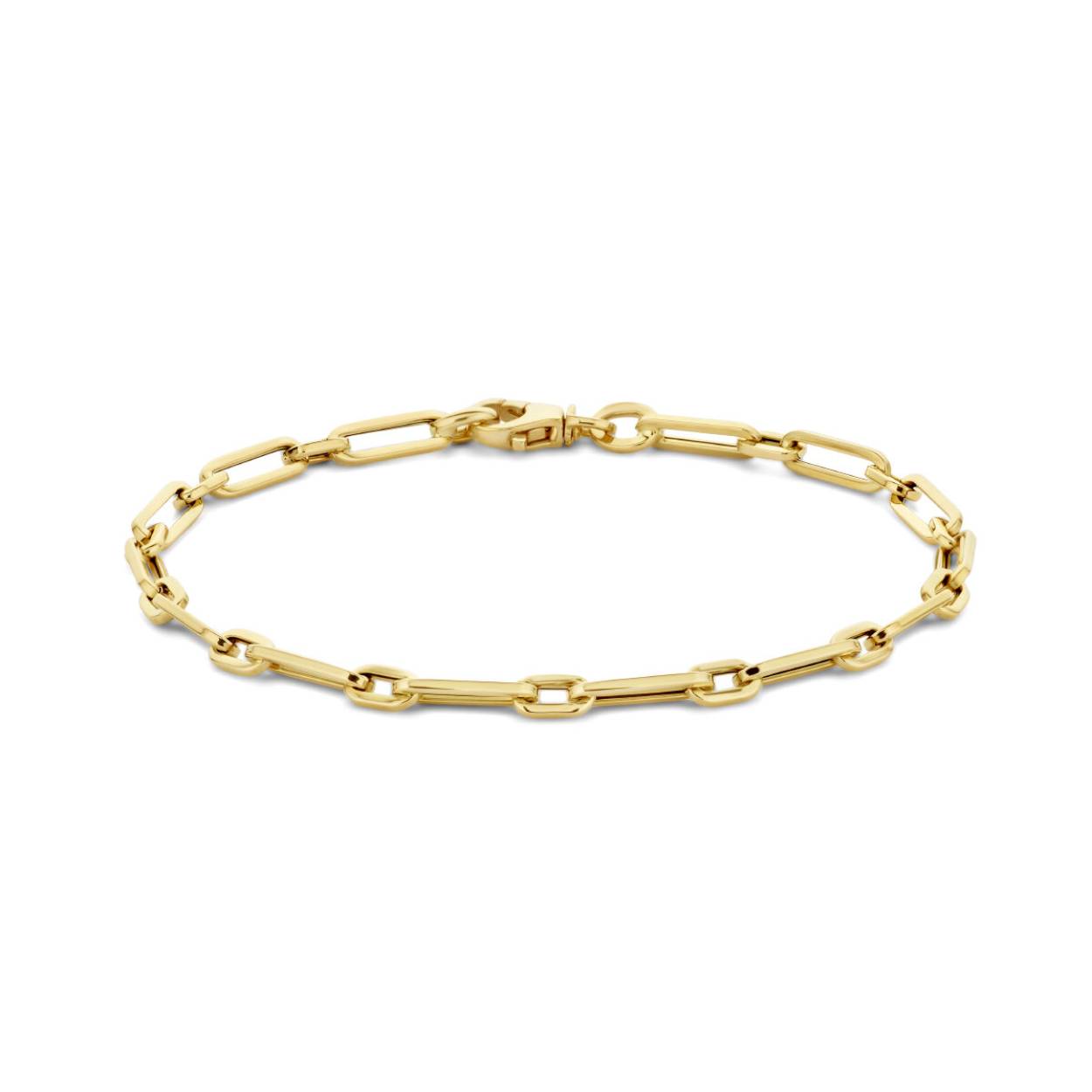 14k Geelgouden paperclip armband. De armband heeft een draaglengte van 19.5cm en is uitgevoerd met karabijnsluiting.