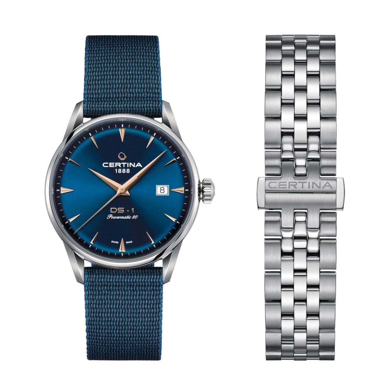 De DS Powermatic 80 combineert traditionele elementen met moderne uurwerktechniek. Klassieke, delicate rosekleurige wijzers en indexen worden gecombineerd met intens blauwe kleuren, gesatineerde oppervlakken en een hoogwaardige NATO-band en stalen horlogeband. In het hart van de innerlijke werking van het uurwerk zorgt een Powermatic-kaliber met Nivachron™-balansveer voor eigentijdse precisie.