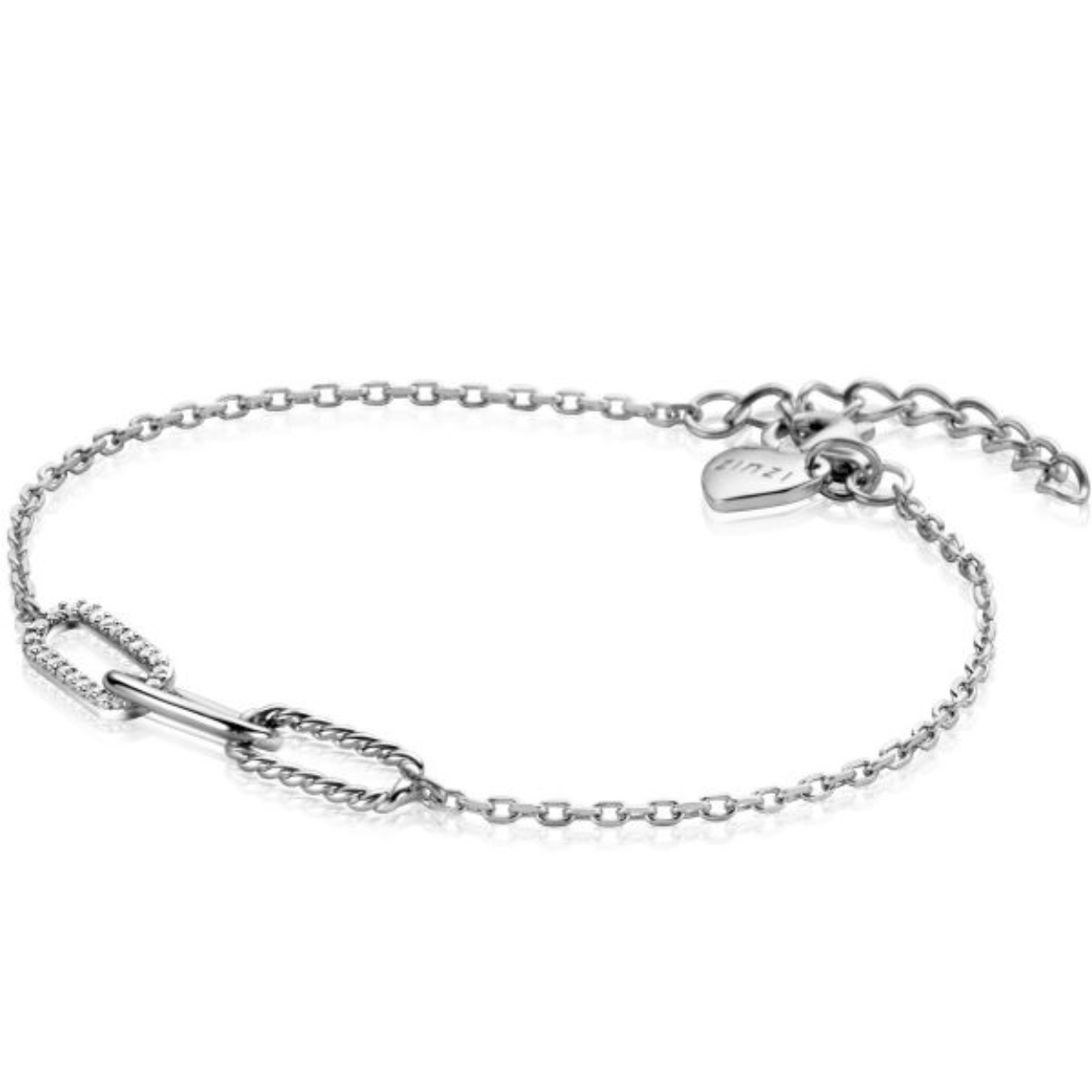 ZINZI zilveren armband met drie trendy paperclip-schakels: met gladde buis, gedraaide buis of bezet met witte zirconia's. De lengte van de armband is te variëren tussen 17 en 20cm door het handige verlengkettinkje. Bij sluiting herkenbaar ZINZI, door het zilveren Zinzi hartje. Vervaardigd van eerste gehalte zilver (925) en voorzien van een extra rodiumlaag voor een langdurige glans.