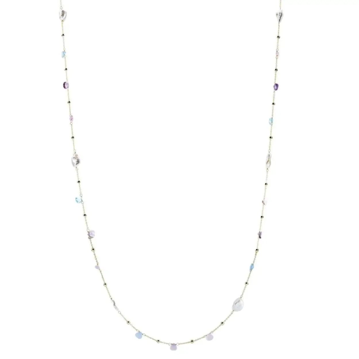 Lang zilveren collier voor dames. Verguld zilveren collier waaraan een rail van veelkleurige stenen en zirkonia's hangt. De ketting is omgeven door veelkleurige adamantine kwarts. Leuk te combineren met een jeans en een wit overhemd om een ​​basic look om te toveren tot stoer.