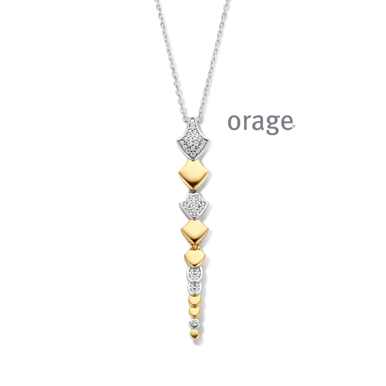 Zilveren ketting (40 + 5 cm) met bicolor (goud/zilverkleurige) hanger van Orage
De hanger bevat zirkonium steentjes
Bijhorende oorbellen ook verkrijgbaar van deze set
