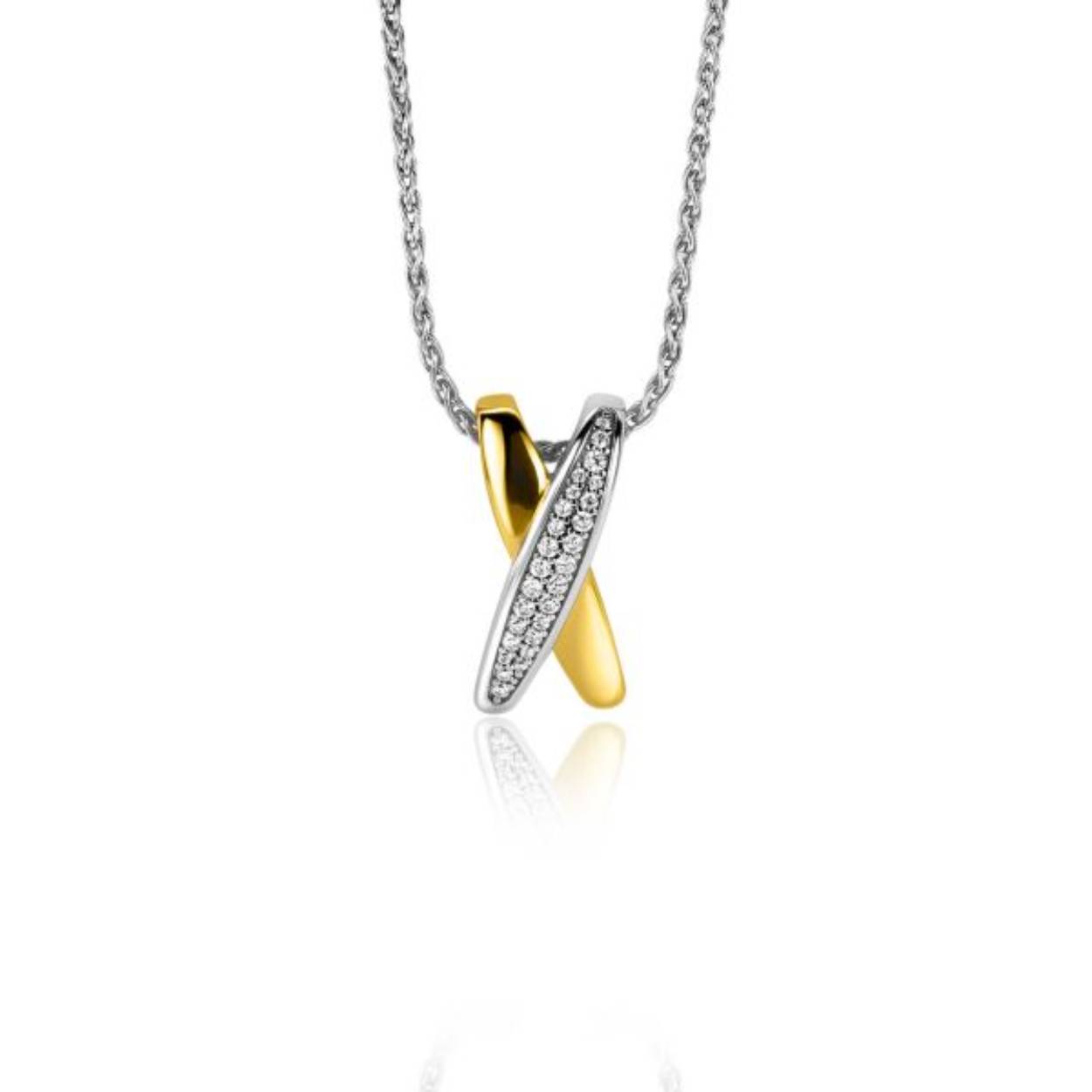 ZINZI zilveren bicolor hanger 18mm met cross-over design. De hanger heeft twee brede banen, waarvan er één met witte zirconia's is bezet en één extra 14K geel verguld is. De hanger is 18 mm lang en 8 mm breed. De hanger is exclusief collier geprijsd, dus kan gecombineerd worden met elke ketting. Maak je look compleet met de bijpassende oorsieraden en ring! Vervaardigd van eerste gehalte zilver (925) en extra 14K geel verguld. 