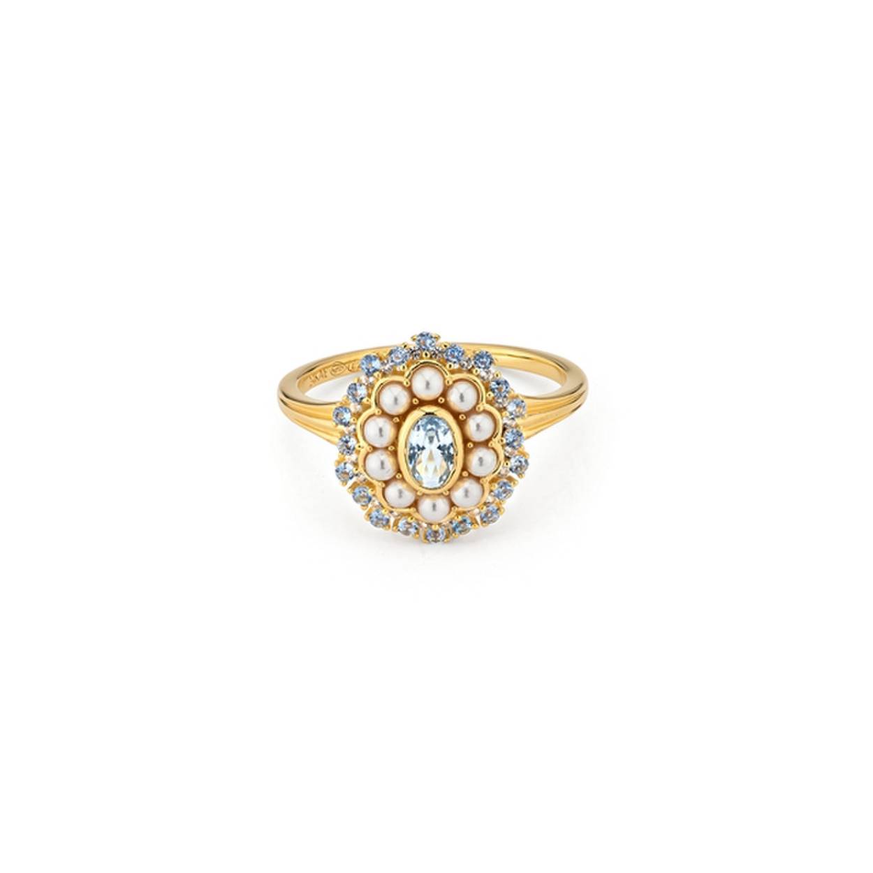 zilveren 24Kae ring, verguld+parels/blauw zirconia mt56