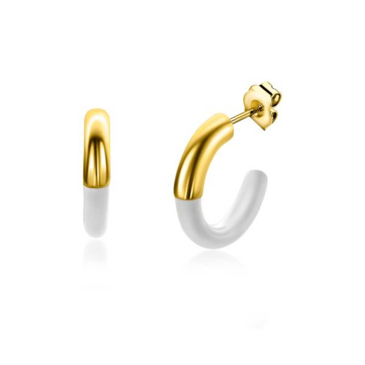 ZINZI gold plated zilveren oorsieraden 16mm en met de hand afgewerkt met wit emaille. Formaat 16 x 3mm. Met poussette gemakkelijk in oor te bevestigen. Vervaardigd van eerste gehalte zilver (925) en extra 14K geel verguld.
