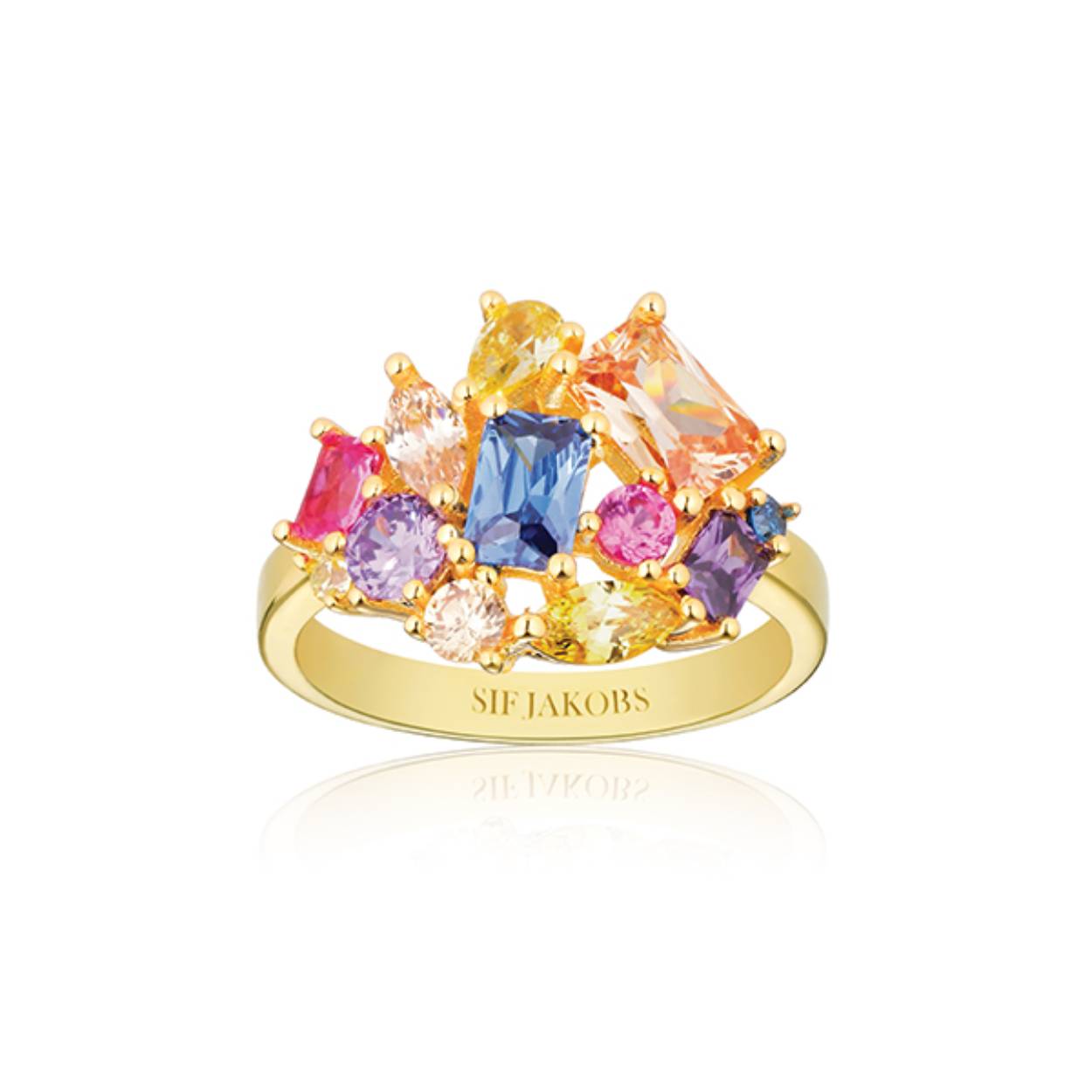 Sif Jakobs zilveren 18k vergulde ring met gekleurde zirkonia's.