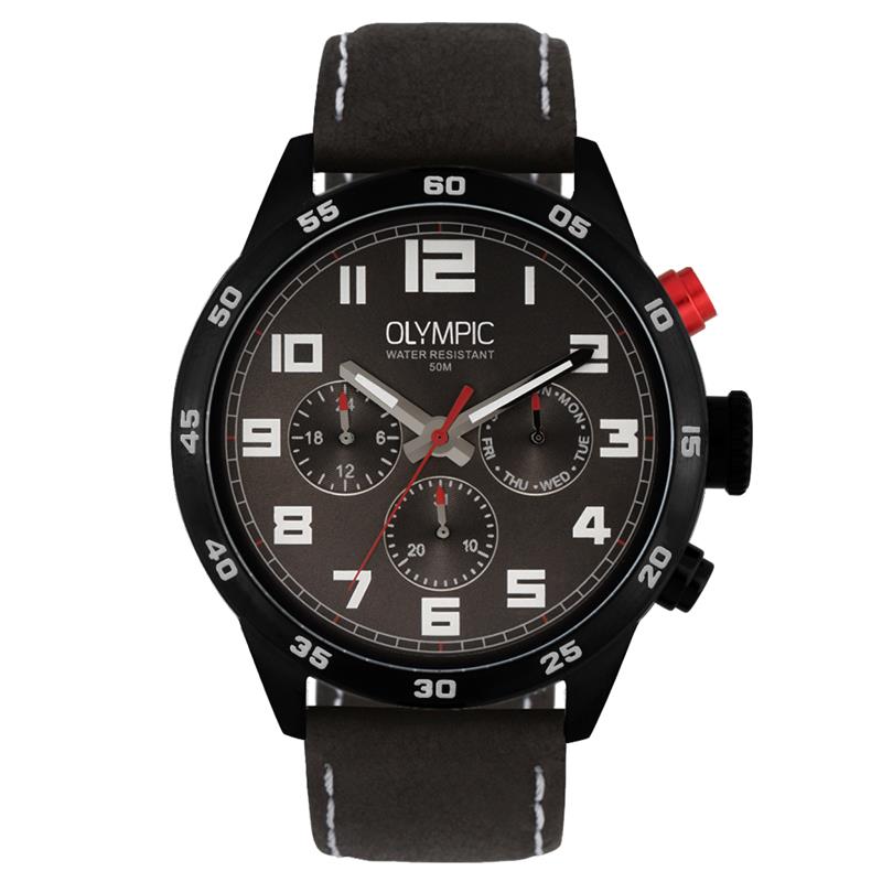 Olympic OL89HZL003 Football Horloge - Leer - Zwart - 44mm

Productomschrijving
Dit stijlvolle multifunctie horloge uit de Football serie van Olympic is tot in de detail vormgegeven. De OL89HZL003 beschikt over een indicator voor datum, dag en 24-uur. De robuuste zwarte kast van 44 mm is gemaakt van geborsteld edelstaal. Het sportieve karakter van dit horloge wordt extra benadrukt door de rode kleur details.

Waterdichtheid 5 ATM
Dit horloge is bestand tegen water bij het zwemmen en douchen. Dit horloge is niet bestand tegen (grote) waterdruk dus je kunt er niet mee duiken.

Het merk
Een mooi horloge hoeft niet duur te zijn! Het Nederlandse horlogemerk Olympic levert stoere chronografen, slimline series, digitale uurwerken en elegante dameshorloges. De prijs-kwaliteitverhouding staat bij Olympic hoog in het vaandel met prijzen die uiteenlopen van � 34,95 tot en met � 139,00.

100% Nederlands ontwerp, waterdicht en standaard 3 jaar fabrieksgarantie.

Specificaties
- Ronde kastvorm, 44mm
- Zwarte stalen horlogekast
- Zwarte wijzerplaat
- Zwarte leren horlogeband
- 5 ATM (Regen- & spatwaterdicht)
- EAN: 8718465740042
- Standaard 3 jaar fabrieksgarantie
