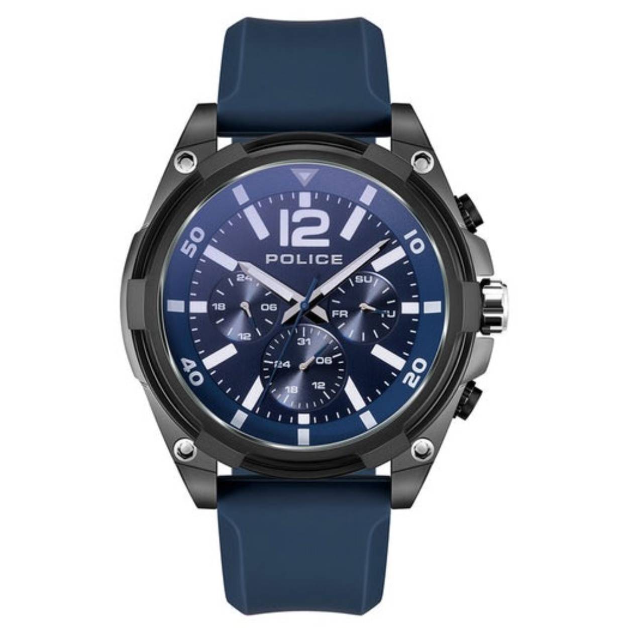 zwart blauw stalen kast met blauw rubberen band
Police PL888