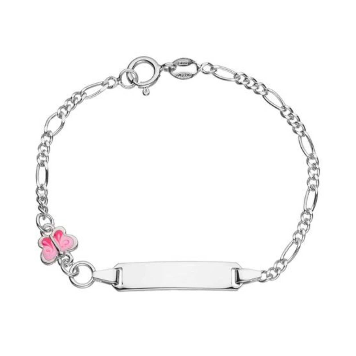 Zilveren graveer armbandje met roze vlinder. Lengte 12 + 2cm.