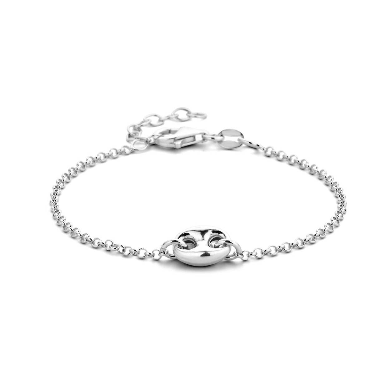 Gerhodineerd 925 zilveren armband met een schakelachtig element van 8x10.8mm en een schakelbreedte van 2mm. De armband heeft een draaglengte van 16cm met een extensie van 3cm. Uitgevoerd met een karabijnsluiting.