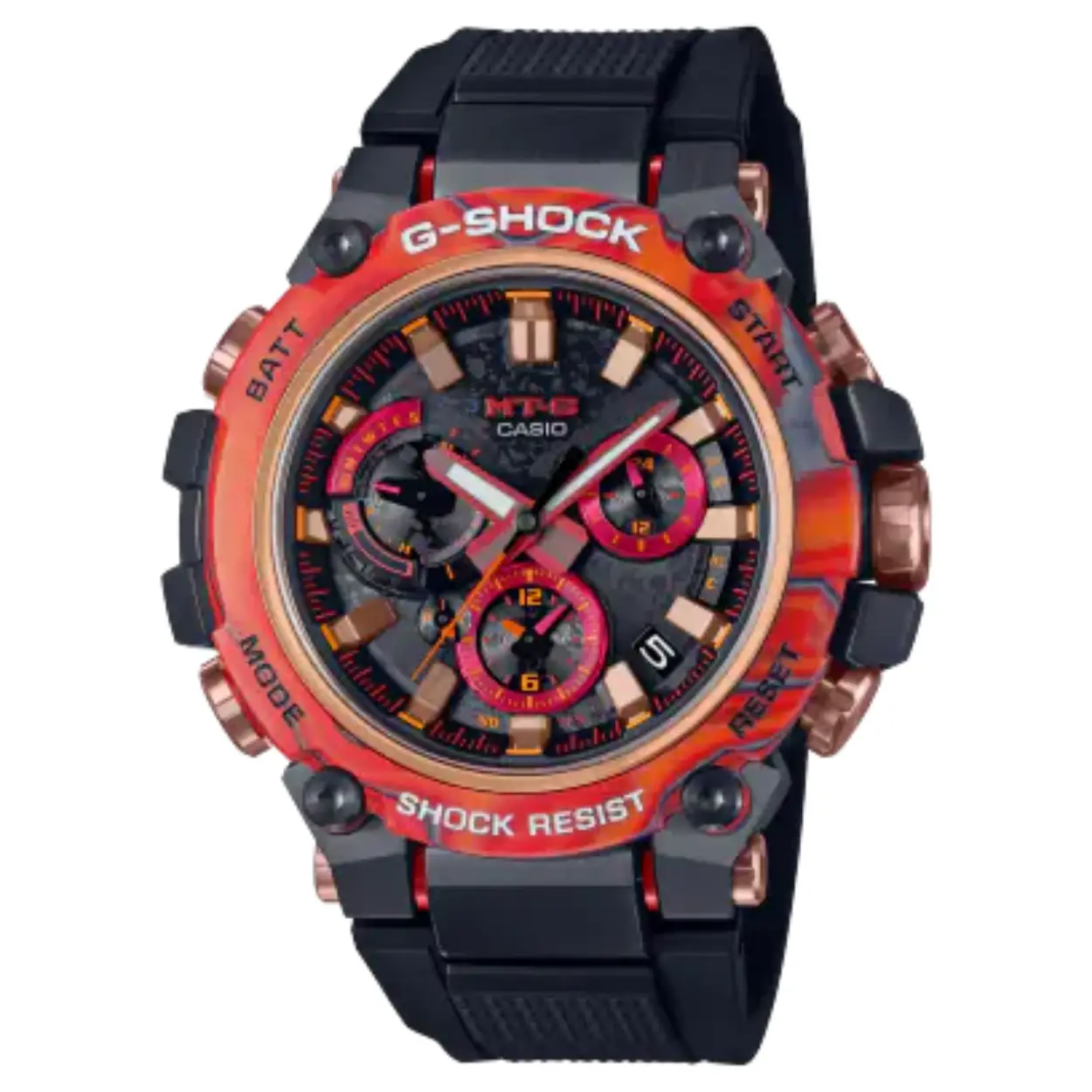 Maak kennis met de G-SHOCK 40th Anniversary Flare Red - een explosie van vurige kleuren in twee limited edition horloges ter ere van de 40e verjaardag sinds het G-SHOCK-debuut in 1983. De MTG-B3000 en GWG-2000 zijn geïnspireerd op de intense kracht van een zonnevlam en ademen zowel G-SHOCK zwart als rood, met de beste nieuwe technologieën van Casio. Een veelkleurige rand met koolstofinlay, gemaakt van lagen koolstof- en glasvezelplaten met lichtgevende deeltjes, verwijst naar de enorme explosieve kracht van het oppervlak van de zon met als resultaat een horloge dat straalt van glow-in-the-dark pracht. Individueel en uniek vormgegeven randcomponenten — geen twee hetzelfde — resulteren in werkelijk unieke lichtgewicht horloges met een robuuste uitstraling. Beide modellen hebben een zonnevlammotief op de wijzerplaat, evenals een door Eric Haze ontworpen logo ter ere van de 40e verjaardag van G-SHOCK op de achterkant van de behuizing en vier sterren voor 40 gegraveerd op de bandlus. Deze prachtige, unieke horloges zijn ideaal om het 40-jarig bestaan van G-SHOCK te vieren.