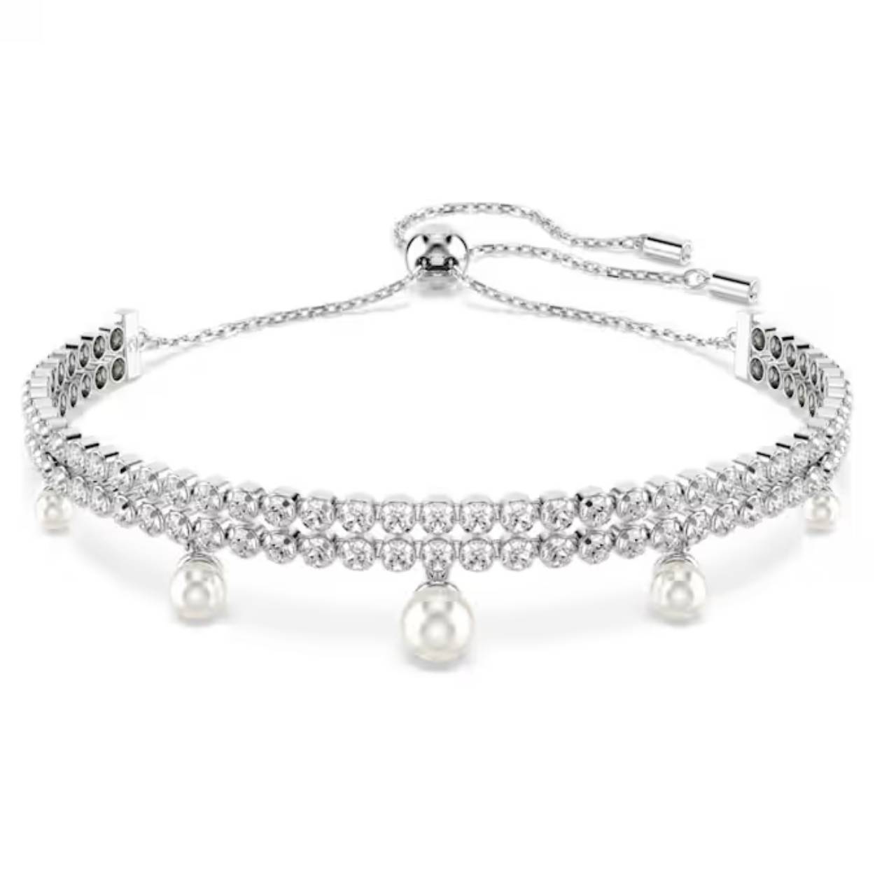Ontdek hoe pure elegantie eruitziet met deze verfijnde armband. Het ontwerp met een rodium toplaag is eenvoudig te verstellen met een glijdende kogelsluiting en heeft twee rijen cupchains, bezet met heldere Swarovski Zirkonia in de Round-slijpvorm. Daaronder prijkt een verfraaiing van Swarovski Crystal Pearls voor een sensationele, luxe look. Combineer deze armband met de bijpassende choker voor uw eigen expressieve combinatie.
Artikelnr.: 5720870
Collectie:  Ariana Grande x Swarovski
Lengte (minimum - maximum): 13 - 24 cm
Breedte: 1.5 cm
Materiaal:  Kristallen, Rodium-verguld, Crystal pearl, Zirkonia
Kleur:  Wit
Type sluiting:  Schuifbare bal