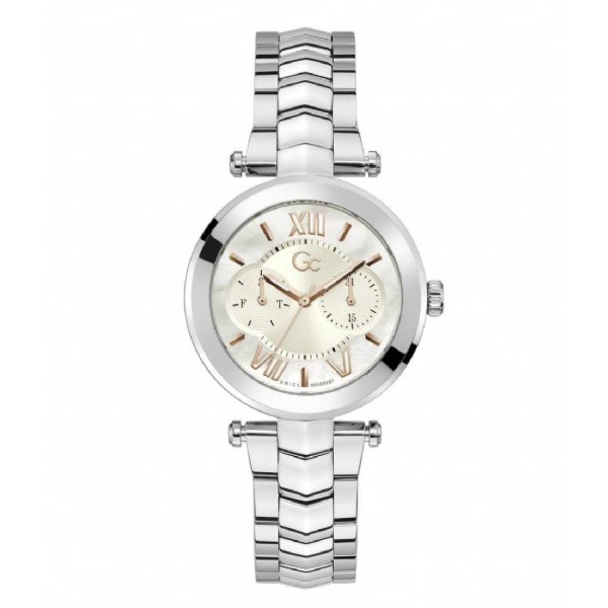 Dames Horloge met parelmoerkleurige wijzerplaat en zilverkleurige roestvrij stalen schakel band.