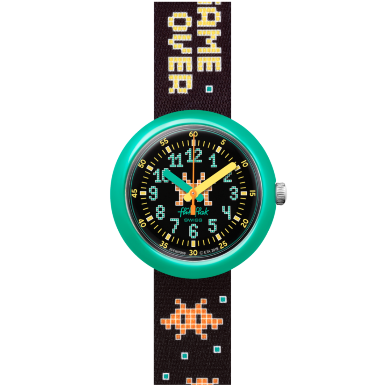 Leren klokkijken met de pixels van TIME INVADER, een educatief horloge voor kinderen. Een cadeau met een zwart, groen en oranje computerspel-design.