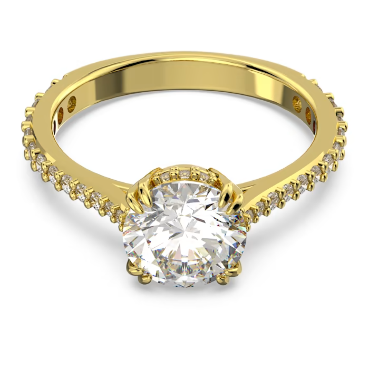 Deze schitterende cocktailring bewijst dat eenvoud krachtig kan zijn en mag niet in uw collectie ontbreken. De vakkundig vervaardigde steen met princess-slijpvorm in het midden is voorzien van elegant pavé op de rijen en langs de band met goudkleurige toplaag. Draag afzonderlijk en laat uw look stralen.