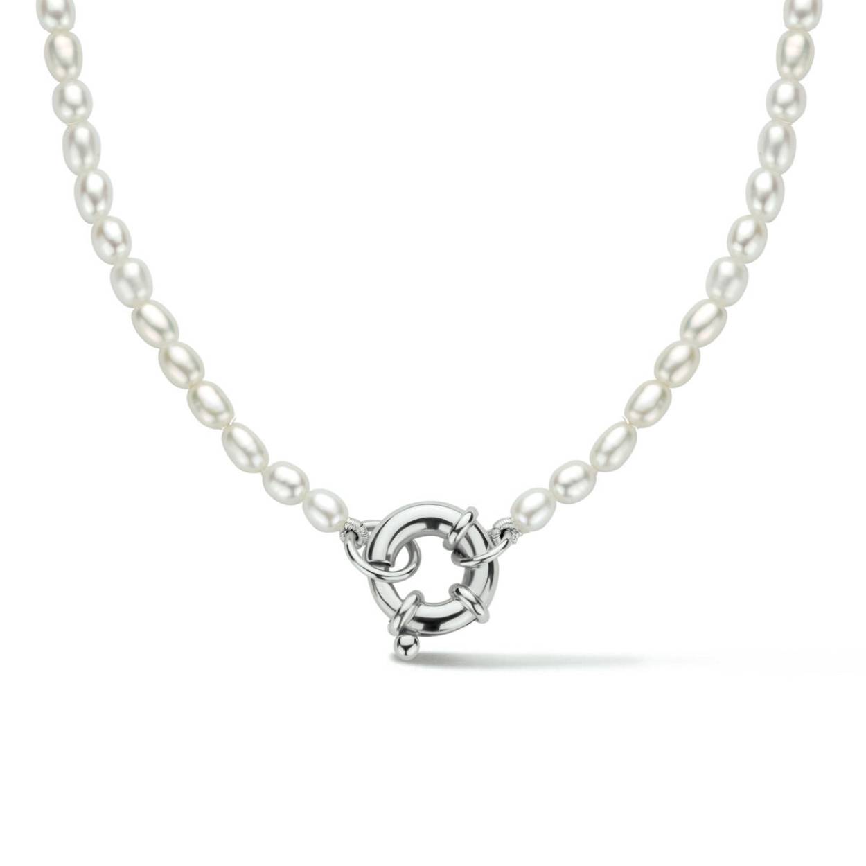 Gerhodineerd 925 zilveren collier uitgevoerd met schitterende zoetwaterparels en een groot veerslot. Het collier heeft een breedte van 3.8mm en een draaglengte van 41cm.