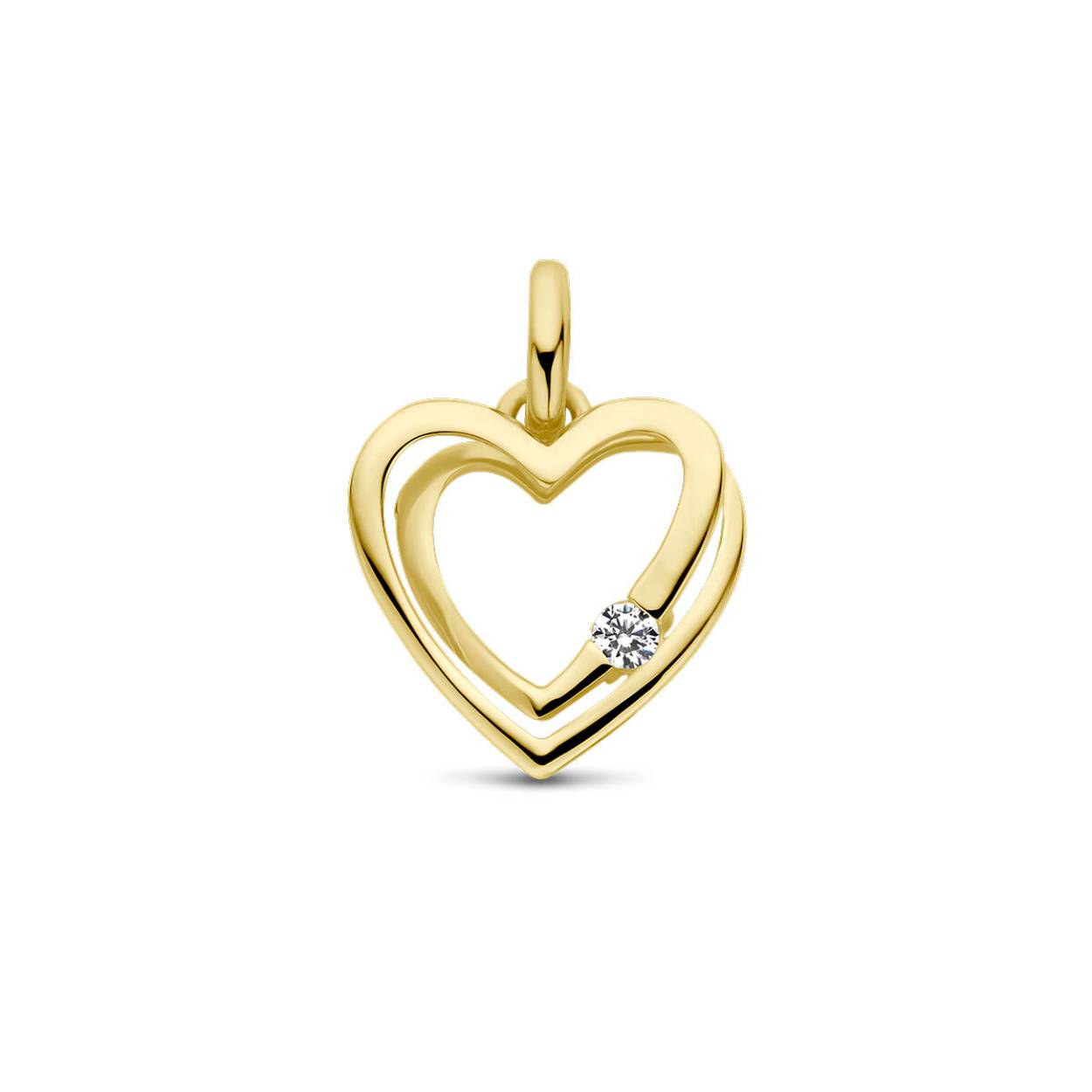 14k Geelgouden hanger uitgevoerd in de vorm van een hartje met zirkonia. De hanger heeft een totale hoogte van 17mm.