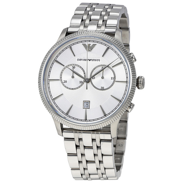 Armani herenuurwerk uit de Alpha collectie - Zilverkleurige band en kast in edelstaal - Zilverkleurige wijzerplaat met datumaanduiding - Chronograaf