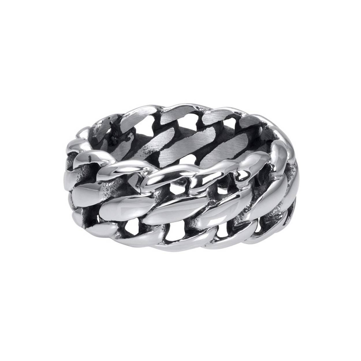 De iXXXi Men single ring Dodge is gemaakt van stainless steel en is voorzien van een mat zilverkleurige uitvoering. De solitaire ring is een brede ring met een gevlochten design rondom de gehele ring.